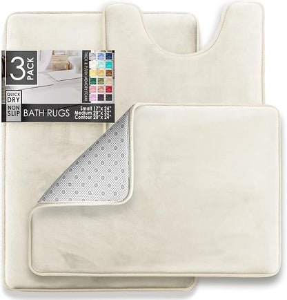Clara Clark 3 Piece Bathroom Rugs Bath Mat Set, Velvet Memory Foam Bath Mats for Bathroom - Non-Slip, PVC Backing Bath Rugs, Washable - Dries Quickly, White