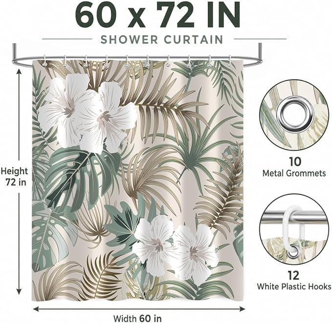 Tropical Shower Curtain for Bathroom, Green Palm Tree Flower Plant Boho Leaf Banana Monstera Sage Beige Shower Curtains Set, Fabric Bathroom Accessories with Hooks 60x72 Inch