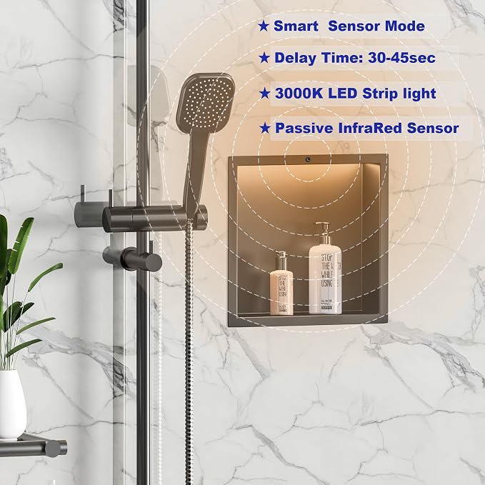 Smart Body Sensor Shower Niche, Black 12"x12" | Recessed Wall Niche with White 3000K LED Light , Waterproof &Rustproof, 304 Stainless Steel Bathroom Cabinet
