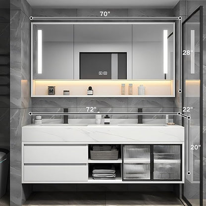 72" Double Sink Bathroom Vanity, Bathroom Floating Vanity with Sink Set Includes Open LED Smart Defog Mirror Cabinet, Modern Bath Vanity with Drawers,Wall-Mounted Bathroom Vanities,White