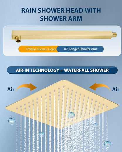 12 Inch Brushed Gold Rain Shower Head with Extension Arm, Rainfall Square Showerhead with 16 Inch Shower Arm All Stainless Steel, 144 Outlets Waterfall Full Body Coverage