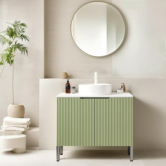 30" Bathroom Vanity with Single Sink, Modern Bathroom Storage Cabinet with White Round Ceramic Basin and Sintered Stone Countertop, 2 Soft Closing Doors, Freestanding Vanities, Light Green