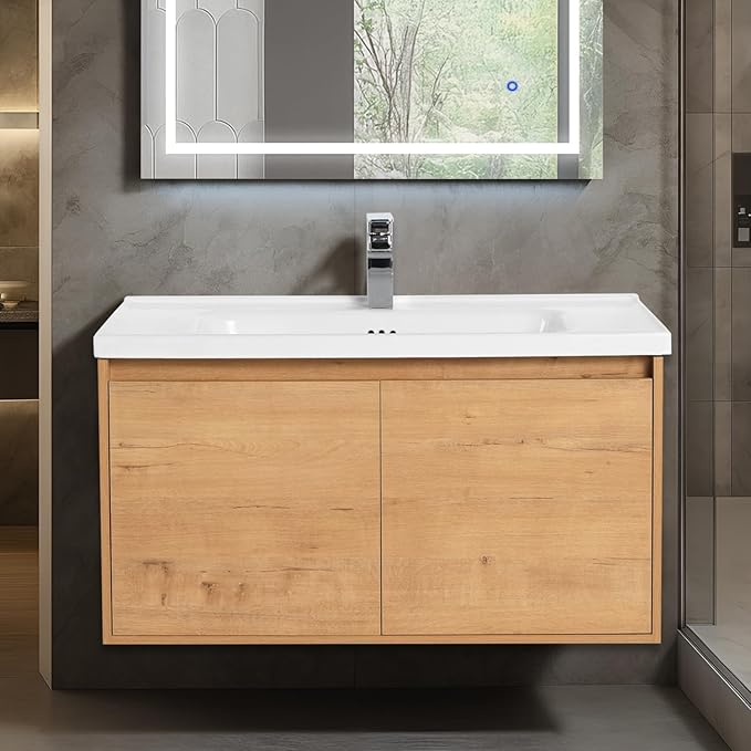 Blossom 36 Inch Wall Mounted Bathroom Vanity with Sink | Floating Wood Vanity Cabinet | Modern Soft-Close Doors & Storage | Ceramic Basin | Space-Saving Design (Classic Oak, 36'' Ceramic Sink)