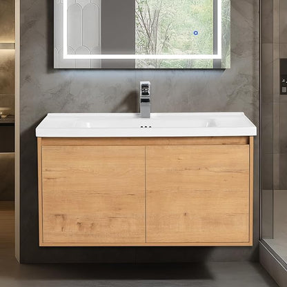 Blossom 36 Inch Wall Mounted Bathroom Vanity with Sink | Floating Wood Vanity Cabinet | Modern Soft-Close Doors & Storage | Ceramic Basin | Space-Saving Design (Classic Oak, 36'' Ceramic Sink)