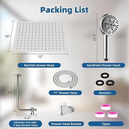 12" Metal Rainfall Shower Head with 10-Mode Handheld, Chrome | NSF/ANSI/CAN 372 Certified, High Pressure Showerhead Combo with 11" Adjustable Shower Arm, 71" Hose, Shower Head Holder