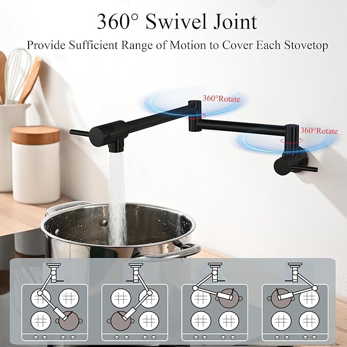 Pot Filler Faucets with Brass Wall Mount Double Joint Swing Arms for Kitchen, Sink, Stove and Bar - Leak Free Designs with High-Flow Aerators - Retractable & Folding for Space Saving - Matte Black