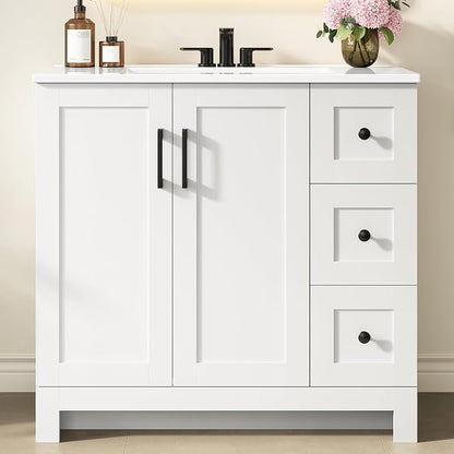 LIKIMIO 36" Bathroom Vanity with Sink, 2 Soft-Close Drawers & Doors, White | Freestanding Bathroom Vanity, Integrated Rectangular Ceramic Sink, Modern Bathroom Storage Cabinet, Assembly Required