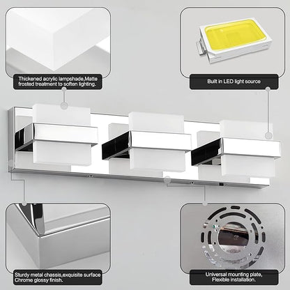 SOLFART 3-Lights Chrome Bathroom Light,Vanity Light Over Mirror, Modern LED Light Fixtures, 5 Color Temperature Adjustable Modern Light for Bathroom