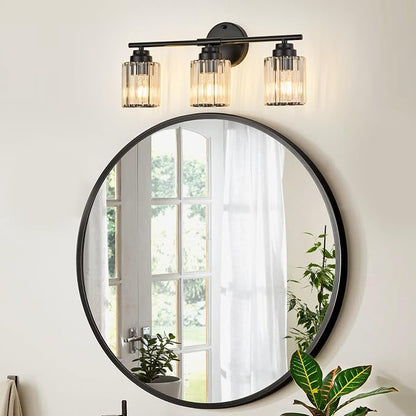 3-Light Black Bathroom Light Fixture, Modern 20.9" Bathroom Vanity Light, Vanity Light with Clear Crystal Shades, E26 Base Wall Sconces Over Mirror for Bathroom, Bedroom, Hallway