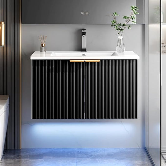 30" Bathroom Vanity with Sink, Modern Wall Mounted Floating Vanity Cabinet, Modern Bathroom Sinks with LED Light, Metal Handle & Double Soft-Close Doors, Black