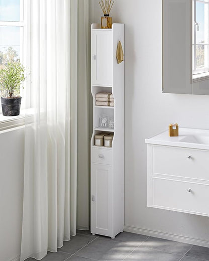 Bathroom Storage Cabinet, Narrow Tall Bathroom Cabinet, Freestanding Floor Cabinets with 2 Doors and 1 Drawer, Toilets Organizer with Adjustable Shelf, 1 Hook for Small Spaces, White