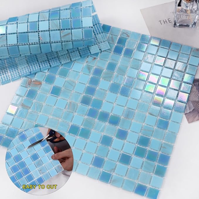 11.5 sq.ft Iridescent Blue Glass Mosaic Tile for Bathroom, Pool, Backsplash | Waterproof Wall & Floor Tile. Heat & frost resistant outdoors. Mesh-mounted easy install. Use any grout. Easy clean. 10pcs.
