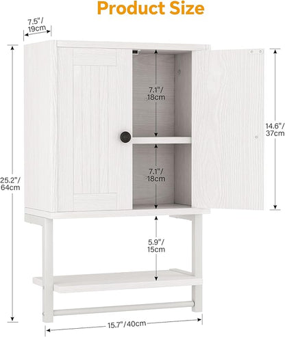 Homeiju Small Farmhouse Style Rustic Medicine Cabinet with Two Barn Doors, Wooden Wall Mounted Storage Cabinet with Shelf and Towel Bar for Bathroom, Living Room, Kitchen, White