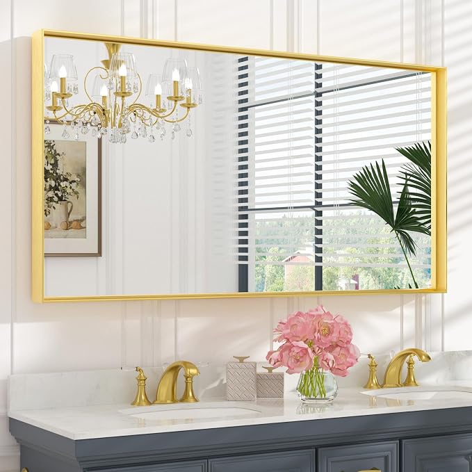Keonjinn 55x30 Inch Gold Bathroom Mirror for Over Sink, HD Tempered Glass | Rectangular, Vanity Mirror, Brushed Framed, Square Corner, Modern Farmhouse, Wall Mounted Mirrors, Aluminum Alloy