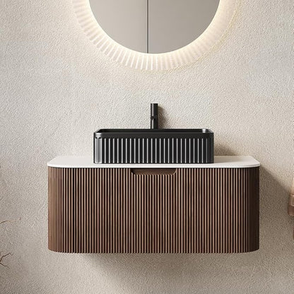 36'' Bathroom Vanities Cabinet with Sink, Wall Mounted Floating Cabinet W/Curved Edges Stripes, Oak Plywood, Soft-Close System with a Drawer, Black Rectangular Ceramic Basin - Kiel, Dark Walnut/B