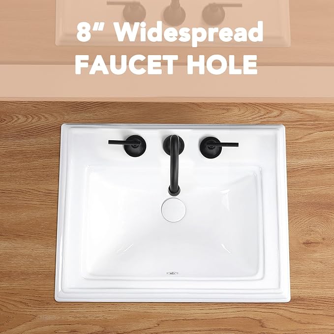 23" Drop-in Bathroom Sink with 8" Widespread 3 Hole Ceramic Basin | 23.2"x18.3”,White Ceramic Rectangle Semi-recessed Vanity Basin, Self-Rimming for Modern Bathroom Remodel and Home Renovation