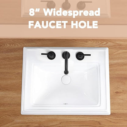 23" Drop-in Bathroom Sink with 8" Widespread 3 Hole Ceramic Basin | 23.2"x18.3”,White Ceramic Rectangle Semi-recessed Vanity Basin, Self-Rimming for Modern Bathroom Remodel and Home Renovation
