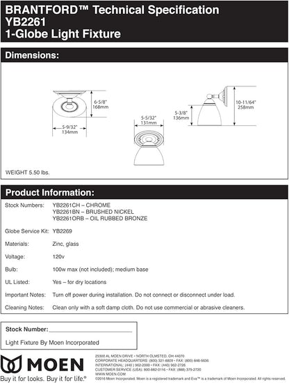 Moen YB2261ORB Brantford 1-Light Dual-Mount Bath Bathroom Vanity Fixture with Frosted Glass, Oil Rubbed Bronze