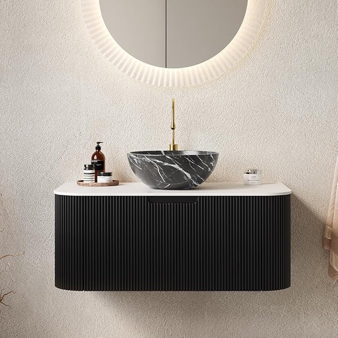 36'' Bathroom Vanities Cabinet with Sink Combo, Wall Mounted Floating Cabinet W/Curved Edges Stripes, Oak Plywood, Soft-Close System with a Drawer, Black Bowl Ceramic Basin - Kiel, Black/R