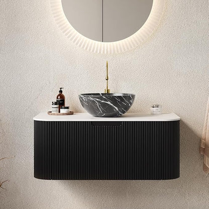 36'' Bathroom Vanities Cabinet with Sink Combo, Wall Mounted Floating Cabinet W/Curved Edges Stripes, Oak Plywood, Soft-Close System with a Drawer, Black Bowl Ceramic Basin - Kiel, Black/R