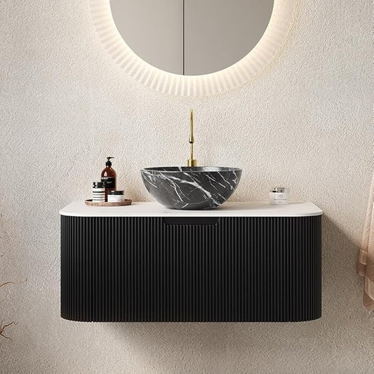 36'' Bathroom Vanities Cabinet with Sink Combo, Wall Mounted Floating Cabinet W/Curved Edges Stripes, Oak Plywood, Soft-Close System with a Drawer, Black Bowl Ceramic Basin - Kiel, Black/R