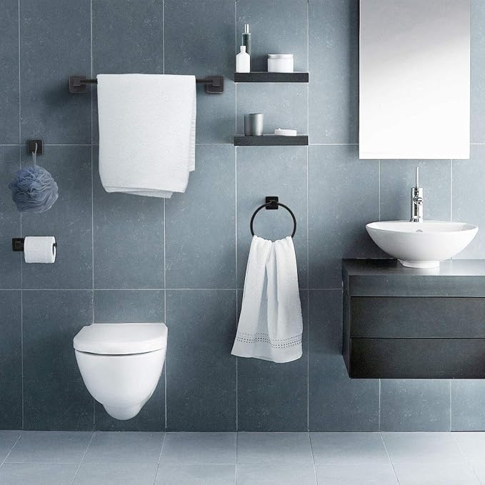 Matte Black Bathroom Hardware Set 4 Pieces,Towel Bar Set Includes 17In Hand Towel Bar, Towel Ring, Robe Towel Hooks,Toilet Paper Holder, Bathroom Towel Rack Set