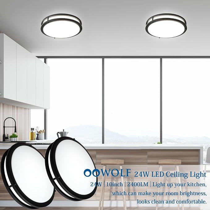 10inch LED Flush Mount Ceiling Light Fixture Dimmable Matte Black, Easy Install LED Ceiling Lamp Fixture Without Flicker, Super Bright 24W 2400LM 5000K 2-Pack