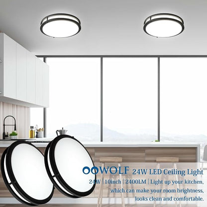 10inch LED Flush Mount Ceiling Light Fixture Dimmable Matte Black, Easy Install LED Ceiling Lamp Fixture Without Flicker, Super Bright 24W 2400LM 5000K 2-Pack