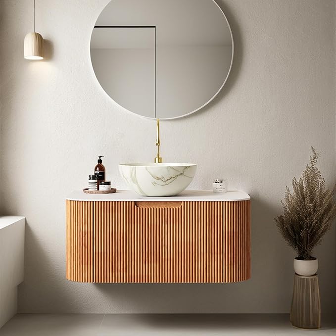 30 Inch Floating Bathroom Vanity with Sink, Bathroom Vanities with Marble Top and Stone Pattern Vessel Bowl Ceramic Basin, Extra Large Storage Drawer, Soft-Close Design, Pre-Assembled, Nature Wood