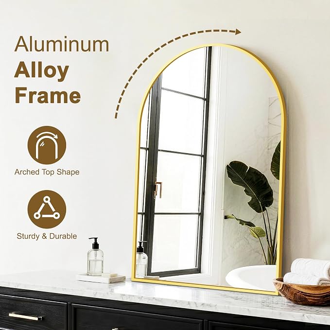 FGU Arched Bathroom Mirror for Over Sink 30"x20" Gold Vanity Mirror | Wall Mounted, HD Tempered Shatter-Proof Glass, Rust-proof Arched Metal Frame, Arch Mirror for Bedroom, Living Room, Entryway