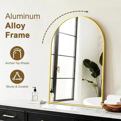 FGU Arched Bathroom Mirror for Over Sink 30"x20" Gold Vanity Mirror | Wall Mounted, HD Tempered Shatter-Proof Glass, Rust-proof Arched Metal Frame, Arch Mirror for Bedroom, Living Room, Entryway