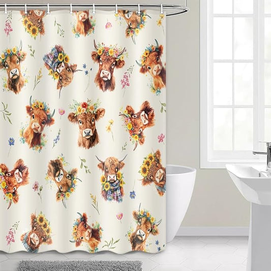 Highland Cow Shower Curtain, Sunflower Floral Wreath Cow Print Farmhouse & Country Style Fun Shower Curtain for Bathroom, Fabric Polyester Bathroom Curtains Set with Hooks, 48X72inch.