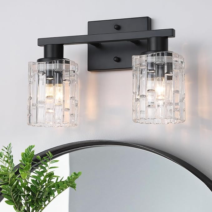 2 Light Matte Black Bathroom Vanity Light Over Mirror, Modern Vanity Lighting with Crystal Glass Shade, Wall Mount Bathroom Light Fixtures, E26 Base