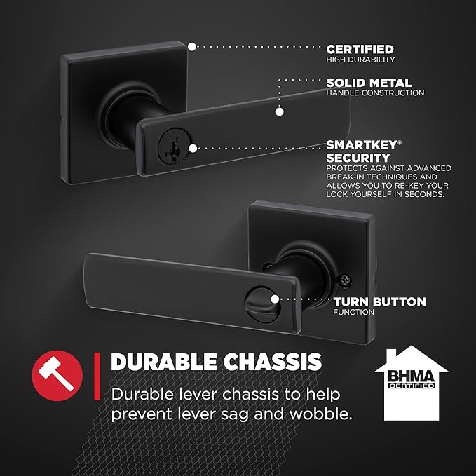 Kwikset Breton Entry Door Handle with Lock and Key, Secure Keyed Reversible Lever Exterior, For Front Entrance and Bedrooms, Matte Black , Pick Resistant Smartkey Rekey Security and Microban