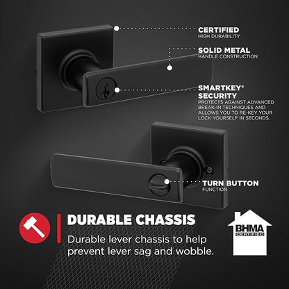 Kwikset Breton Entry Door Handle with Lock and Key, Secure Keyed Reversible Lever Exterior, For Front Entrance and Bedrooms, Matte Black , Pick Resistant Smartkey Rekey Security and Microban