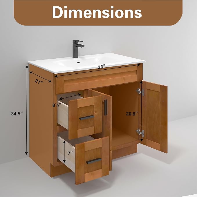 36" Shaker Bathroom Vanity Sink Base with Drawers (Ready-to-Assemble) (Maple Shaker Vanity Base)
