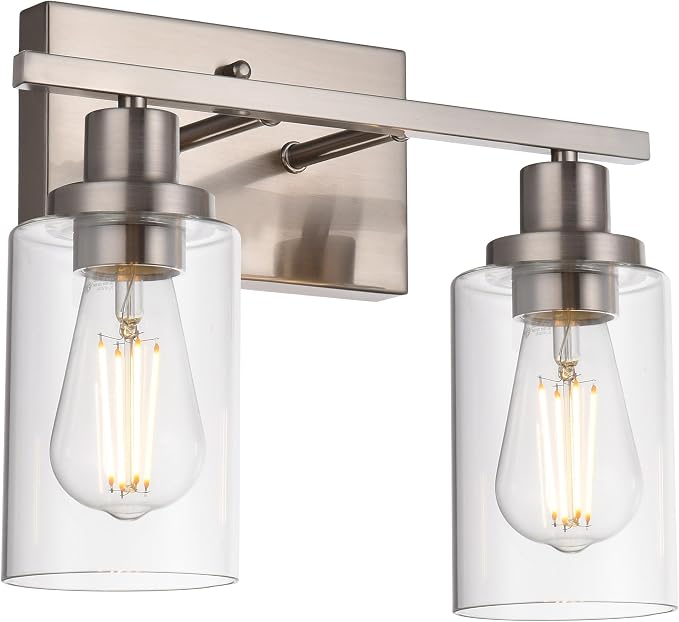 MELUCEE 2 Heads Bathroom Light Fixtures Brushed Nickel | Metal Wall Lights with Clear Glass Shade Modern Vanity Lights Sconces for Hallway Bedroom Kitchen (Patent No.: US D963914 S)