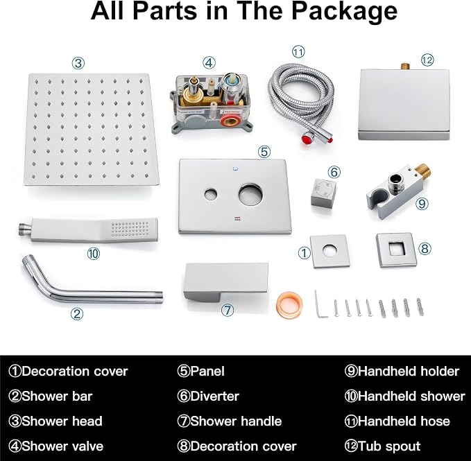 Midanya Shower System with Tub Spout,8 Inch Shower Head,Polish Chrome | with Valve & Trim Kit,Square Rain Head,Handheld Sprayer,Waterfall Spout,All Metal Wall Mount Bathroom Shower Tub Faucet Set