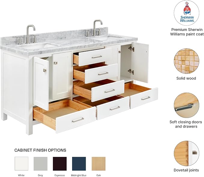 Beckford 66" White Double Bathroom Vanity with Sink, 1.5" Edge Italian Carrara Marble Countertop, 2 Rectangular Undermount Sinks, 4 Soft Closing Doors, 6 Dovetail Drawers, Brushed Nickel