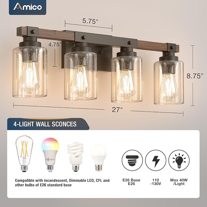 Amico 4-Light Farmhouse Bathroom Vanity Light, Seeded Glass, Black & Wood | Bubble Glass Shade Wall Sconce, Over Mirror Lighting for Bathroom, Bedroom, Living Room, Hallway, Powder Room, Entryway