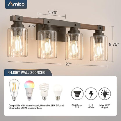 Amico 4-Light Farmhouse Bathroom Vanity Light, Seeded Glass, Black & Wood | Bubble Glass Shade Wall Sconce, Over Mirror Lighting for Bathroom, Bedroom, Living Room, Hallway, Powder Room, Entryway