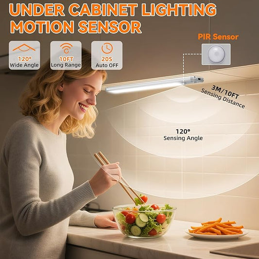 Under Cabinet Lighting Wireless, Rechargeable Motion Sensor Light Indoor, 3 Color Dimmable Closet Light Battery Operated with LED Power Display, Magnetic Under Counter Lights for Kitchen, Home (3Pack)