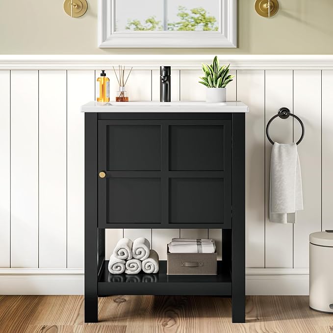 24 Inch Bathroom Vanity with Sink, Small Farmhouse Freestanding Bathroom Cabinet Combo Set, Soft Closing Door and Open Storage Shelf, Black