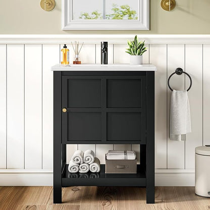 24 Inch Bathroom Vanity with Sink, Small Farmhouse Freestanding Bathroom Cabinet Combo Set, Soft Closing Door and Open Storage Shelf, Black