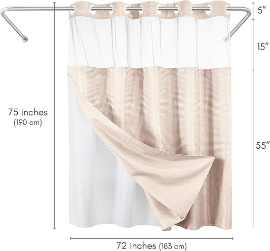 Americanflat 72x75 Hookless Waffle Pattern Shower Curtain - Water-Resistant Long Shower Curtain with Sheer Panel, Snap-in Liner, and Durable Grommets - 100% Polyester - Pink