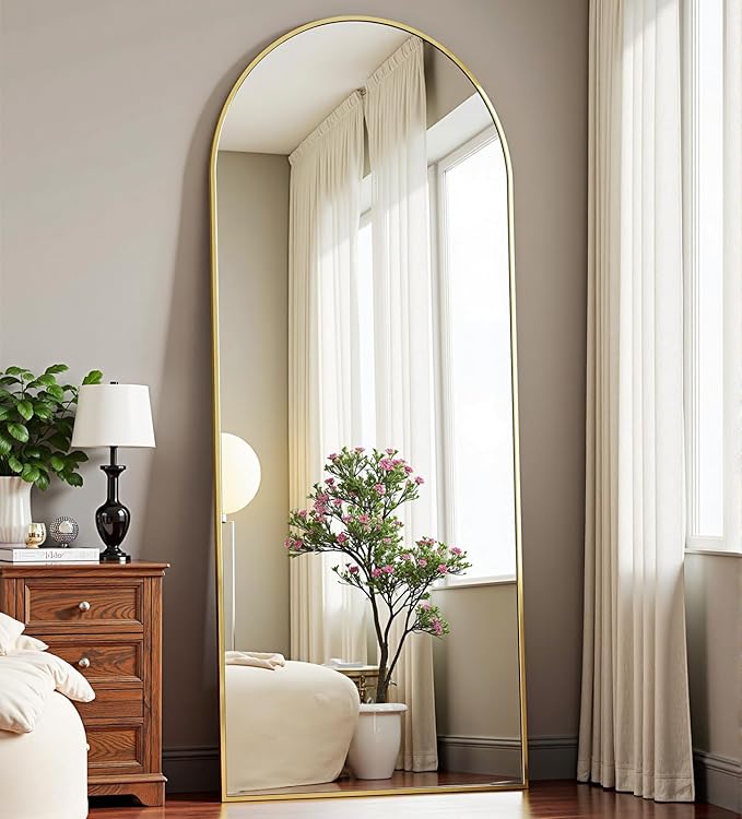 Dewfig Arched Full Length Mirror, 58"X18" Large Full Body Mirror, Gold | Aluminum Alloy Frame Floor Mirror, HD Shatterproof Tempered Glass, Lean/Stand/Wall for Living Room,Bedroom, Dressing Room