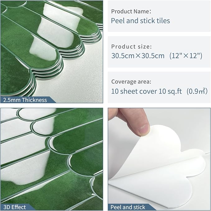 Green Peel and Stick Backsplash Self Adhesive Wall Tiles 10-Sheet | Thick,Sticky,for Kitchen,Bathroom,Laundry,Sink,12"×12"