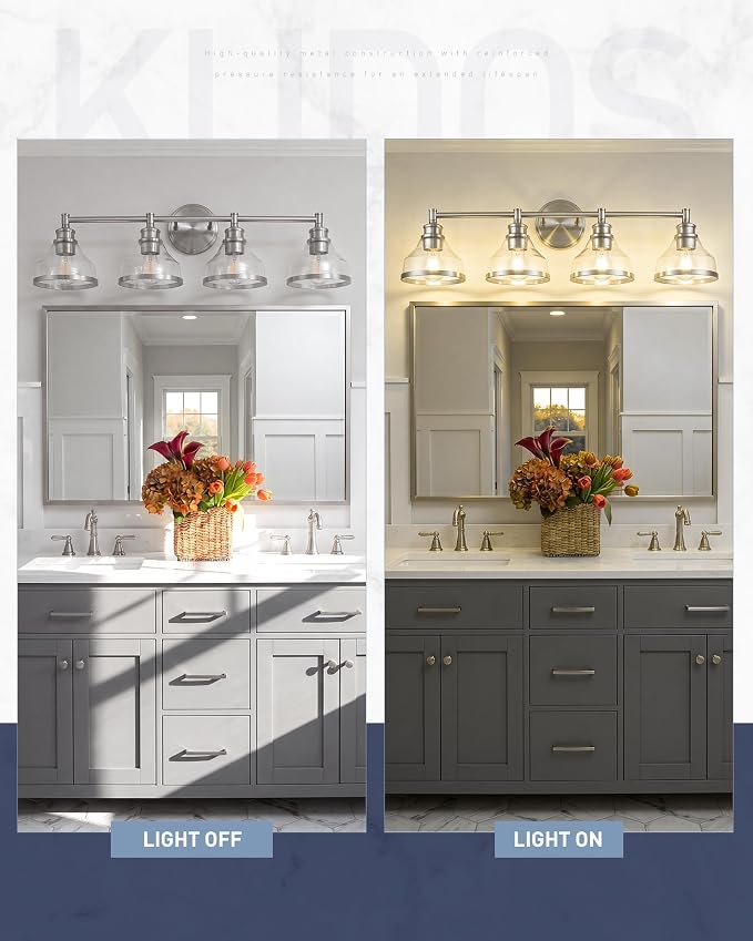 kudos 4-Light Brushed Nickel Vanity Light, Clear Glass Shade | 33" bathroom light fixtures over mirror, upward or downward, E26 base, bulbs not included, Hardwired, KDVL20-BN-4
