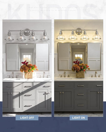 kudos 4-Light Brushed Nickel Vanity Light, Clear Glass Shade | 33" bathroom light fixtures over mirror, upward or downward, E26 base, bulbs not included, Hardwired, KDVL20-BN-4