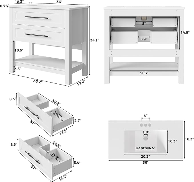LIKIMIO 36" Bathroom Vanity with Sink, 2 Drawers & Open Shelf, White | Freestanding Bathroom Vanity, Integrated Ceramic Sink, U-Shaped Drawers, Modern Bathroom Storage Cabinet, Easy Assembly